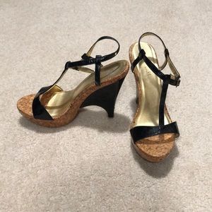 Black and cork platform wedge heels. Size 8